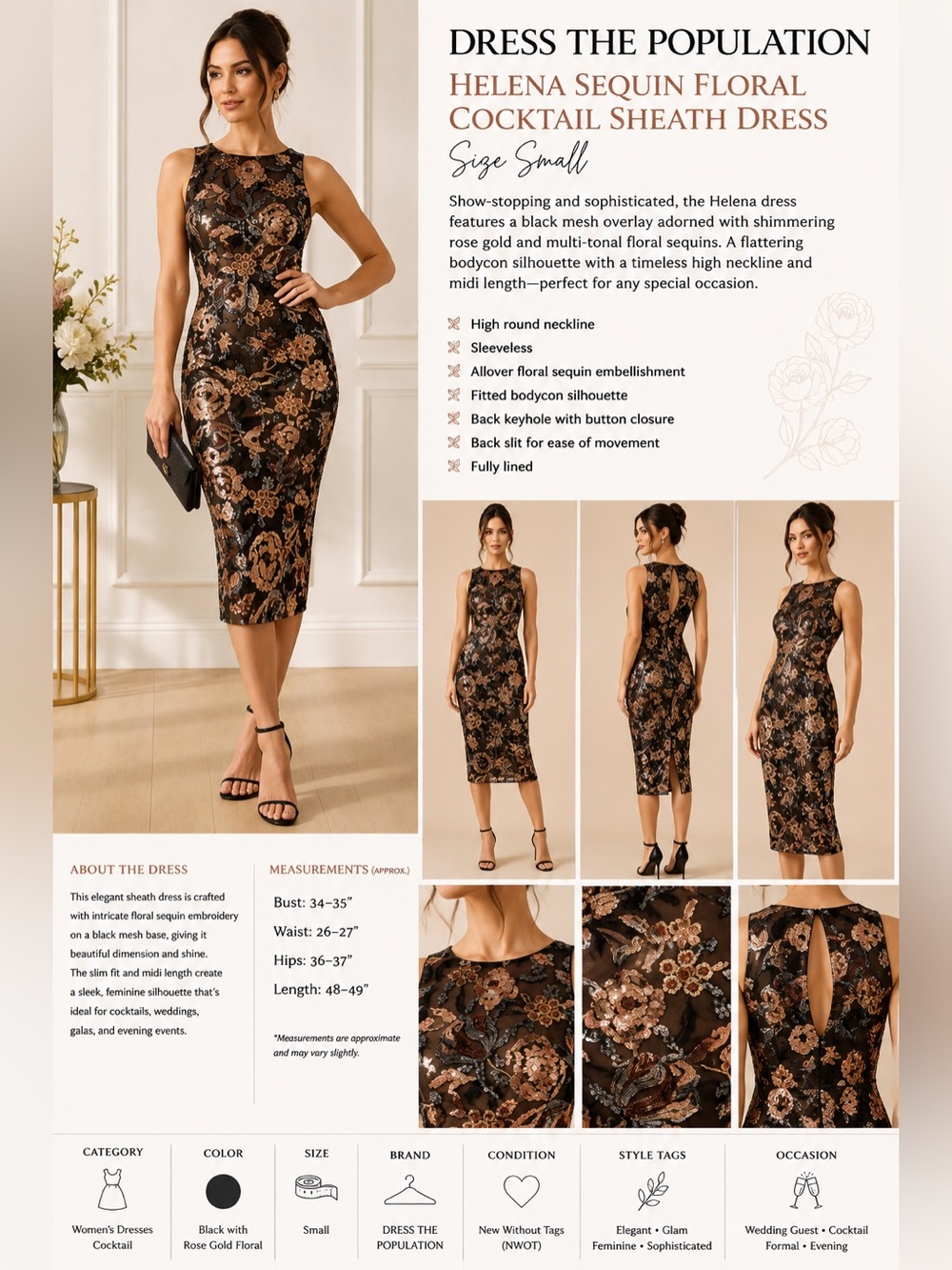 Dress the Population Helena Sequin Floral Sheath Midi Dress Black Rose Gold Smal